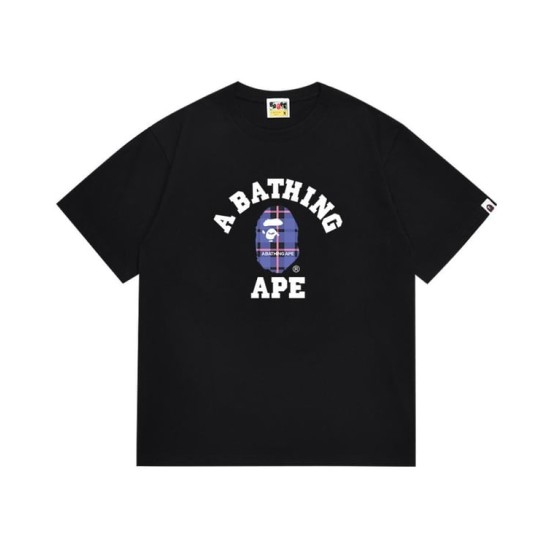 Black BAPE College T-Shirt with Purple Plaid Ape Head